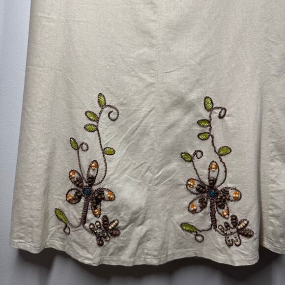 Womens Skirt 10 Cream Linen Blend Floral Beaded Embroidery Lagenlook Boho Spring - Picture 2 of 9